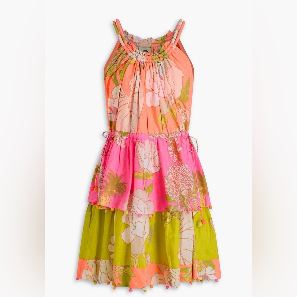 FARM Rio Coral Pink Green Tiered Floral Halter Dress